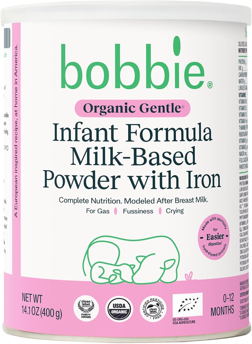 Bobbie Organic Gentle Baby Formula, Milk Based Powder with Iron, DHA, Vitamin D & 100% Lactose Like Breast Milk, For Fusiness, Crying & Digestive Health, Newborn Baby-12 Months Old, 14.1 oz, 1 Pack