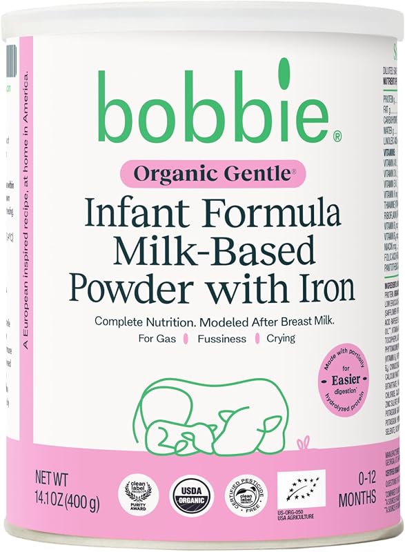 Bobbie Organic Gentle Baby Formula, Milk Based Powder with Iron, DHA, Vitamin D & 100% Lactose Like Breast Milk, For Fusiness, Crying & Digestive Health, Newborn Baby-12 Months Old, 14.1 oz, 1 Pack