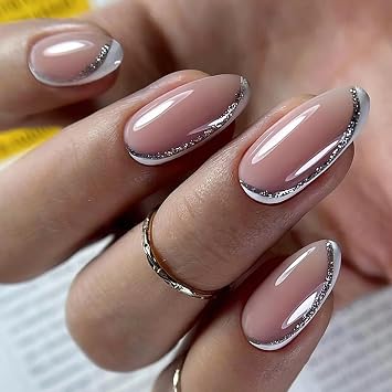 Press on Nails Almond French Tip 24Pcs Glossy Full Cover Medium Acrylic False Nails with Silver Line Designs Natural Artificial Fake Nails Set with Glue Stick on Fingernails for Women Girls