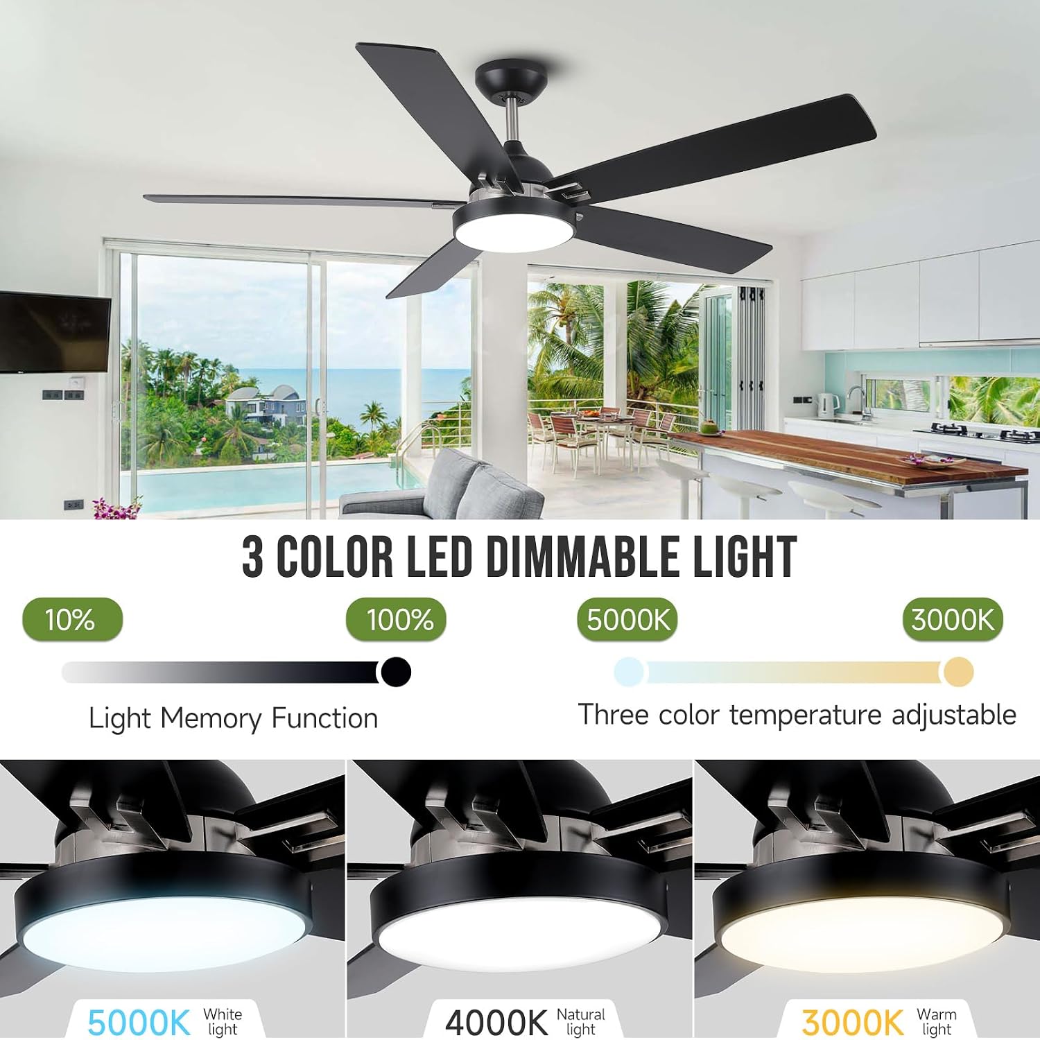 60 Inch Ceiling Fan with Light, Modern Black Large Industrial Commercial Ceiling Fan, 5 Blades Quiet 6 Speeds Reversible DC Motor, Damp Rated Outdoor Fan for Patios Porch Living Room
