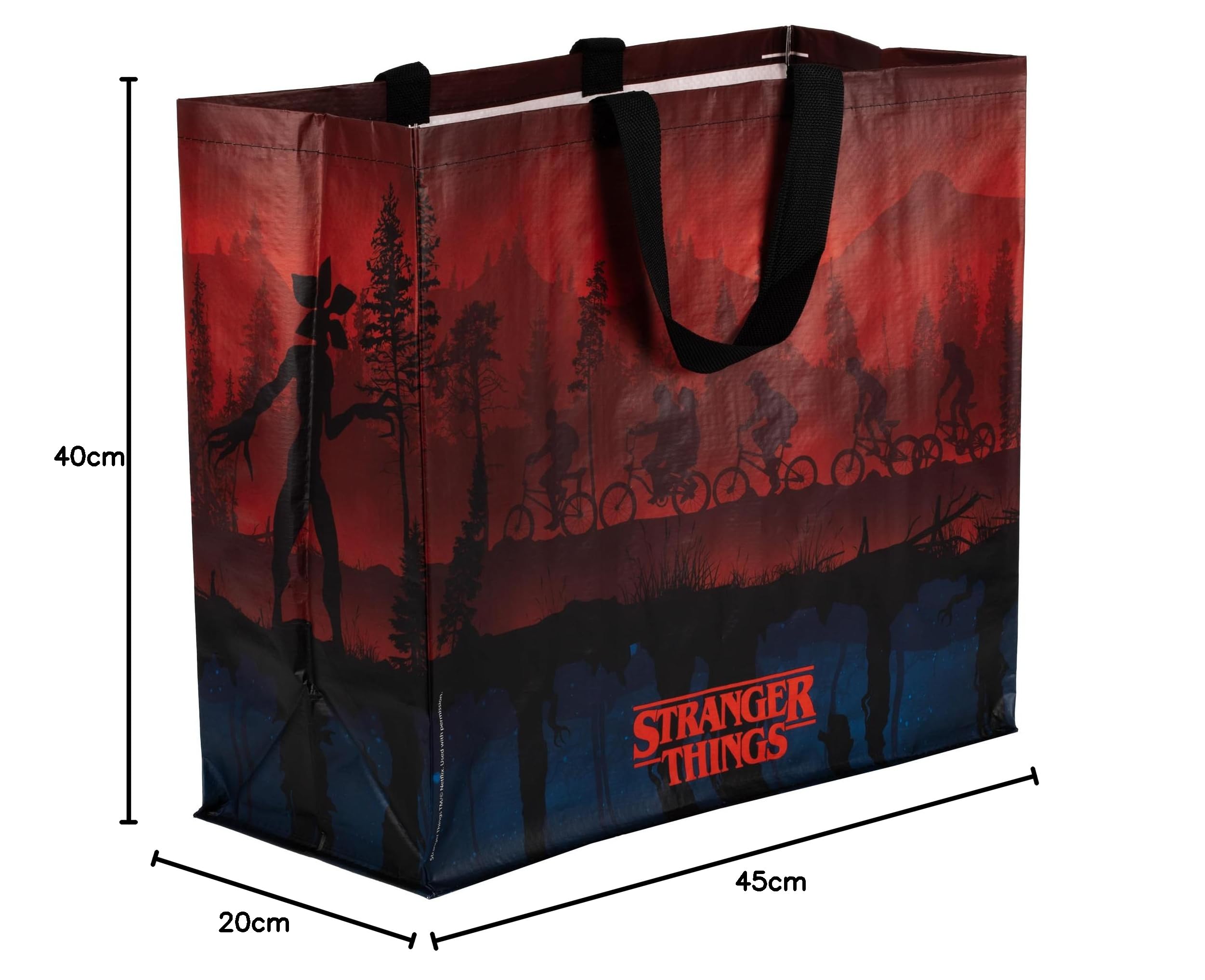 Konix Stranger Things torba na zakupy – rozmiar M 40 x 45 x 20 cm – materiał z recyklingu – motyw Upside Down – czarna, czerwona i niebieska, stranger things