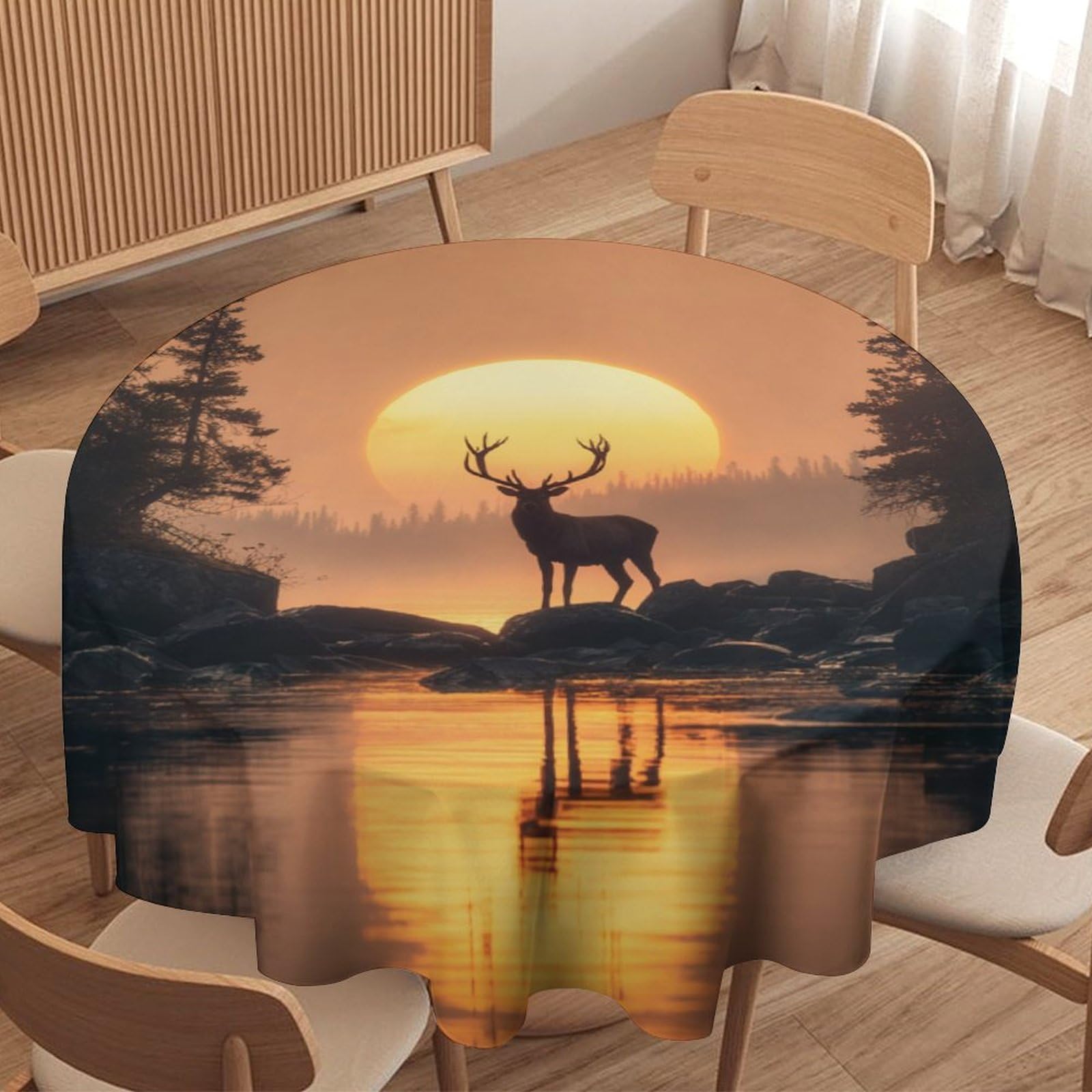 LUYYSKY Realistic Aesthetic Wildlife Elk Waterproof Round Tablecloth Classic Natural Sunset Mountain Hunting Theme Animal Deer Washable Table Cover for Kitchen-152.4" Wx152.4 L cm