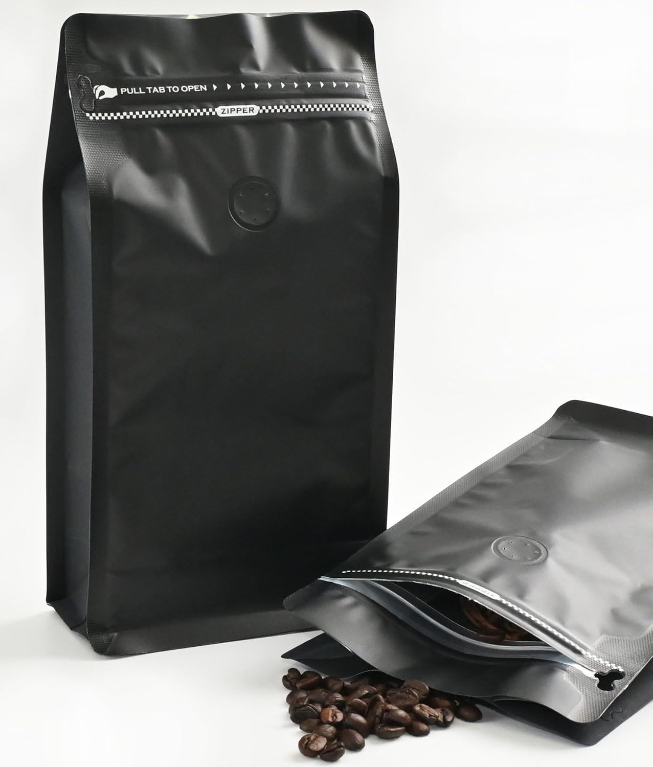 Coffee Bags, 12mil Stand Up Flat Bottom Pouch with one-way Air Valve and Reusable Side Zipper(Black, 200PCS-Large-2lb/32oz/1kg)