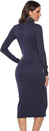 Women's Solid Color Side Split Sexy Sweater Dress Long Sleeve Stretchy Slim Knit Dresses
