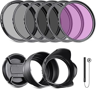 NEEWER 58mm ND2 ND4 ND8 UV CPL FLD Filter and Lens Accessories Kit with Snap on Lens Cap, Tulip Shaped Lens Hood, Collapsible Rubber Lens Hood, Filter Pouch, Safety Tether and Cleaning Cloth