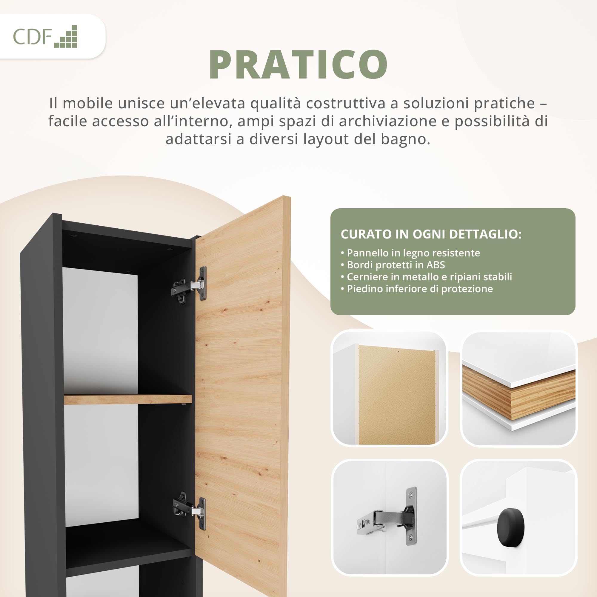 CDF Armadio da Bagno Alto largh. 30 cm Colonna Bagno Mobiletto Portaoggetti Stretto Ripiani e Scomparti per Piccoli Spazi, Cosmetici Moderno Mobile Salvaspazio Rovere Artisan/Antracite 30x30x170 cm