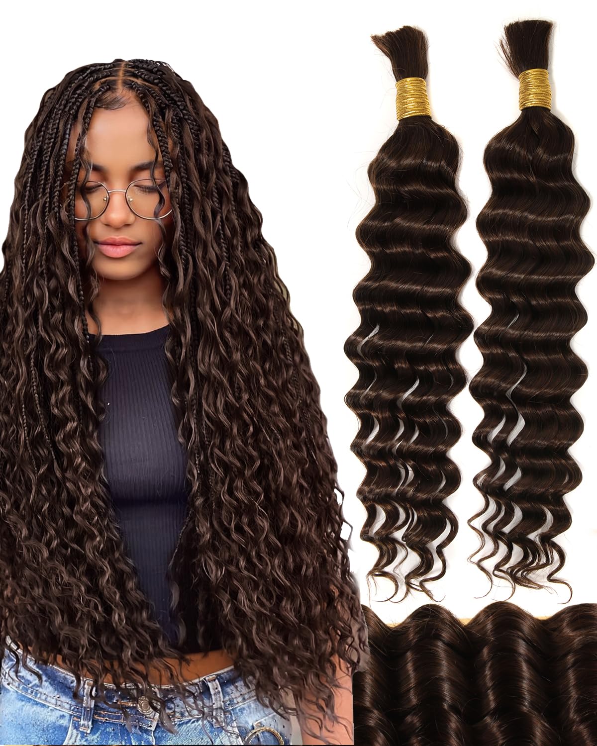 BEEOS #4 Chocolate Brown Human Braiding Hair for Boho Braids, Deep Wave Boho Hair for Braiding Bohemian Knotless Braids 100g 18 Inch