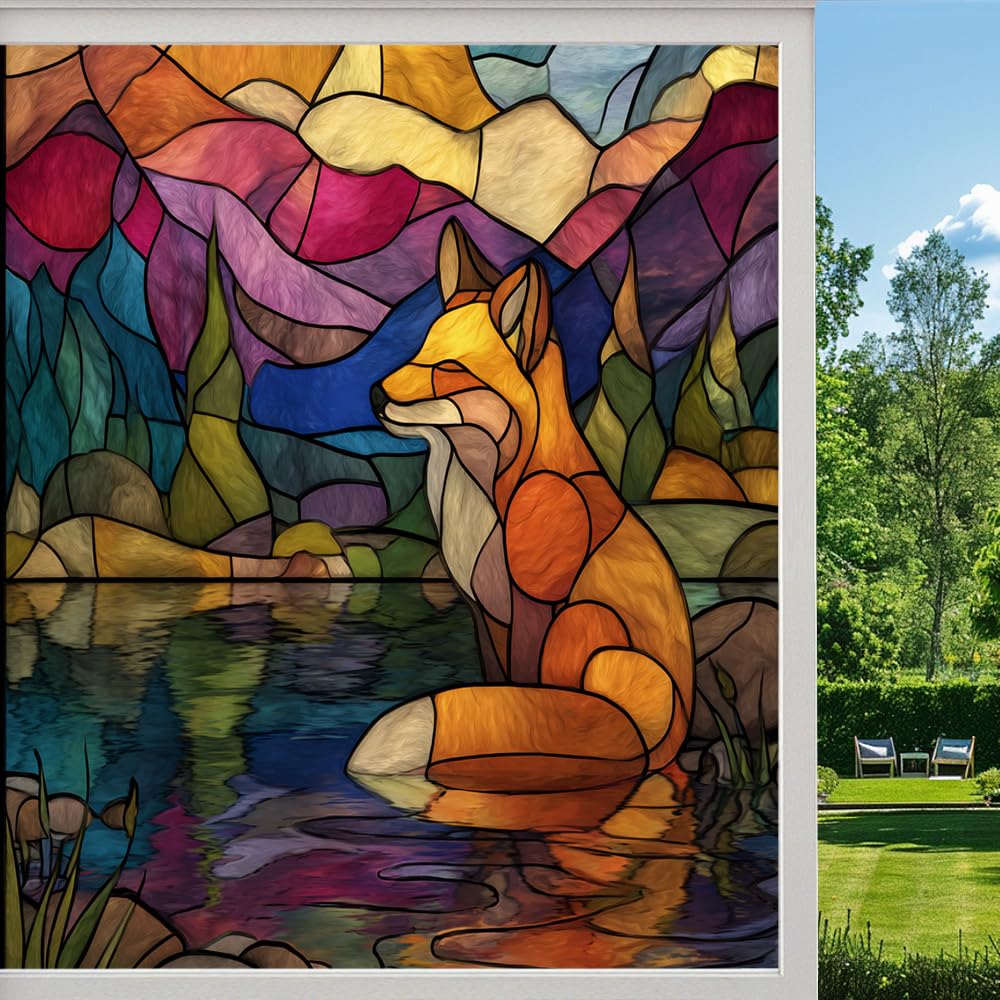 Abstract Lake Fox Frosted Window Film, Colorful Wildlife Nature Stained Glass Privacy Film, Heat Insulation Self-Adhesive Vinyl for Bathroom Office, （55x90cm）