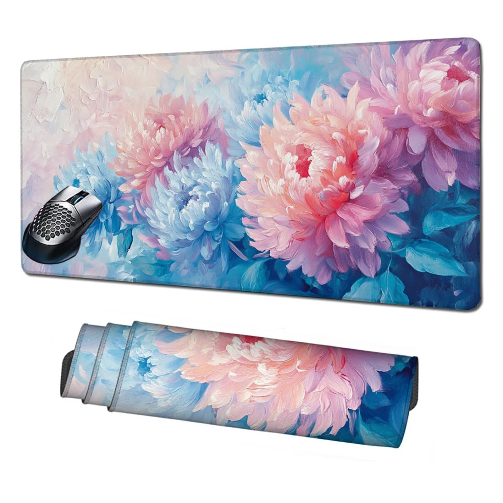 Grand Tapis de Souris Gamer 1600x800mm,Tapis de Souris Chrysanthème Tapis de Souris Gaming,Tapis Souris Rose Tapis Bureau Antidérapant Imperméable,Mouse Pad Bords Cousus,Accessoire Gaming X1-296