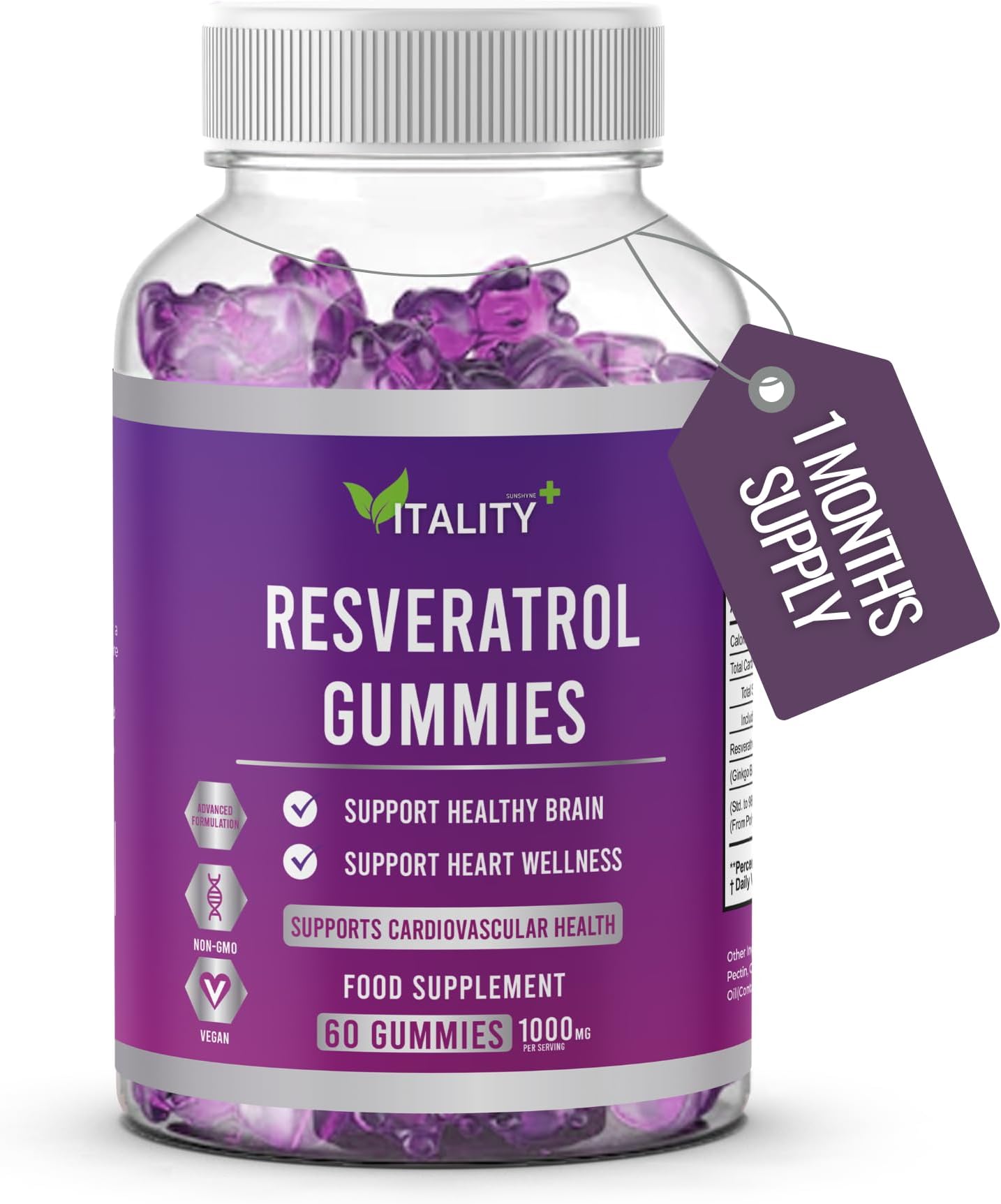 Max Strength Resveratrol Gummies | 1000mg | 1 Month's Supply | Antioxidant Supplement | 98% Pure Trans-Resveratrol | Supports Heart & Brain Health