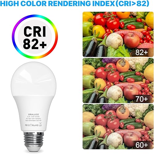 Miniatura 5 de ORALUCE Bombilla LED, bombillas A19 de 12 W, equivalente a 100 W, 120 V, 1200 lm, blanco frío 6500 K, base media E26, no regulable, eficiencia