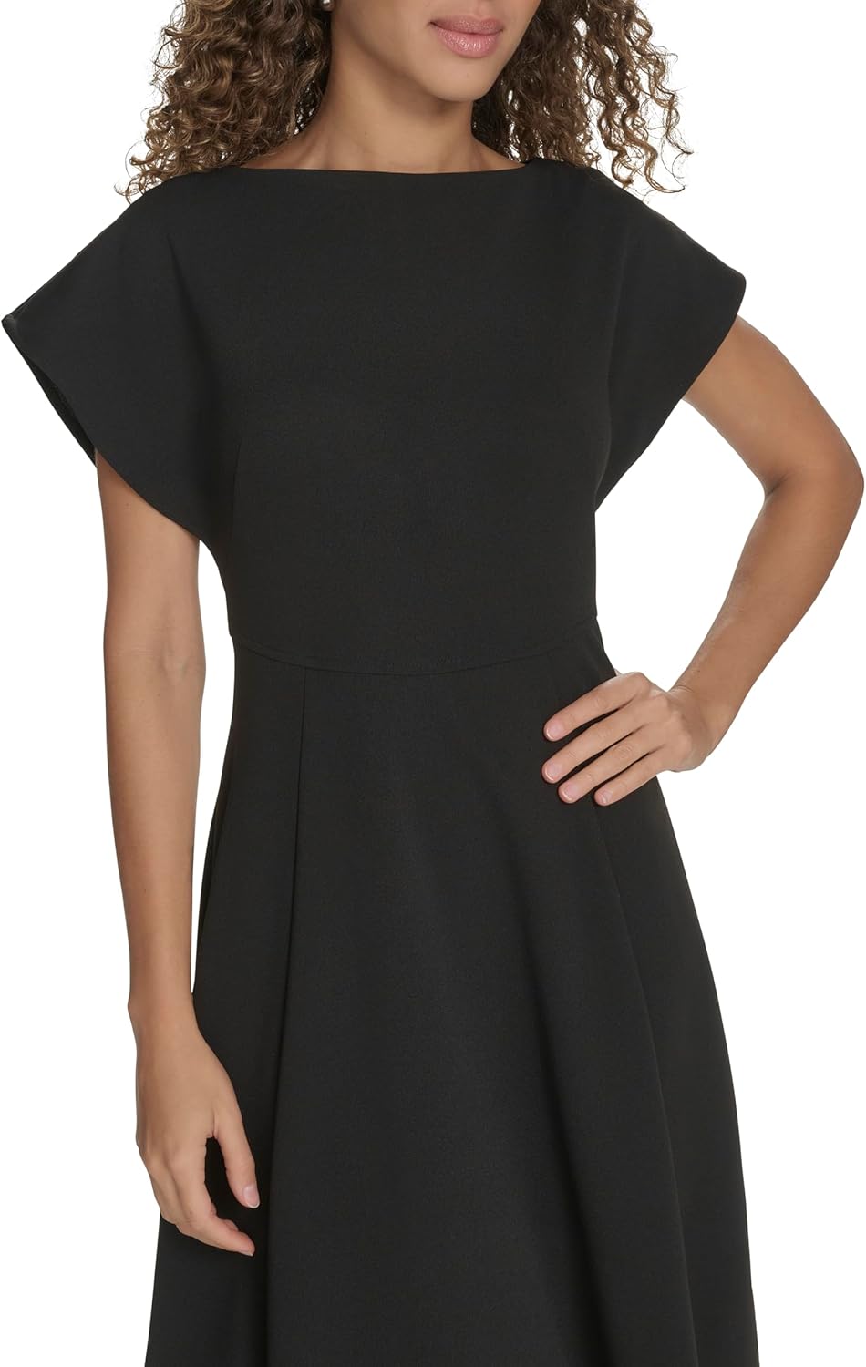 Calvin Klein Womens Extended Shoulder Boatneck Knee Length Crepe Fit & Flare Dress - Image 5