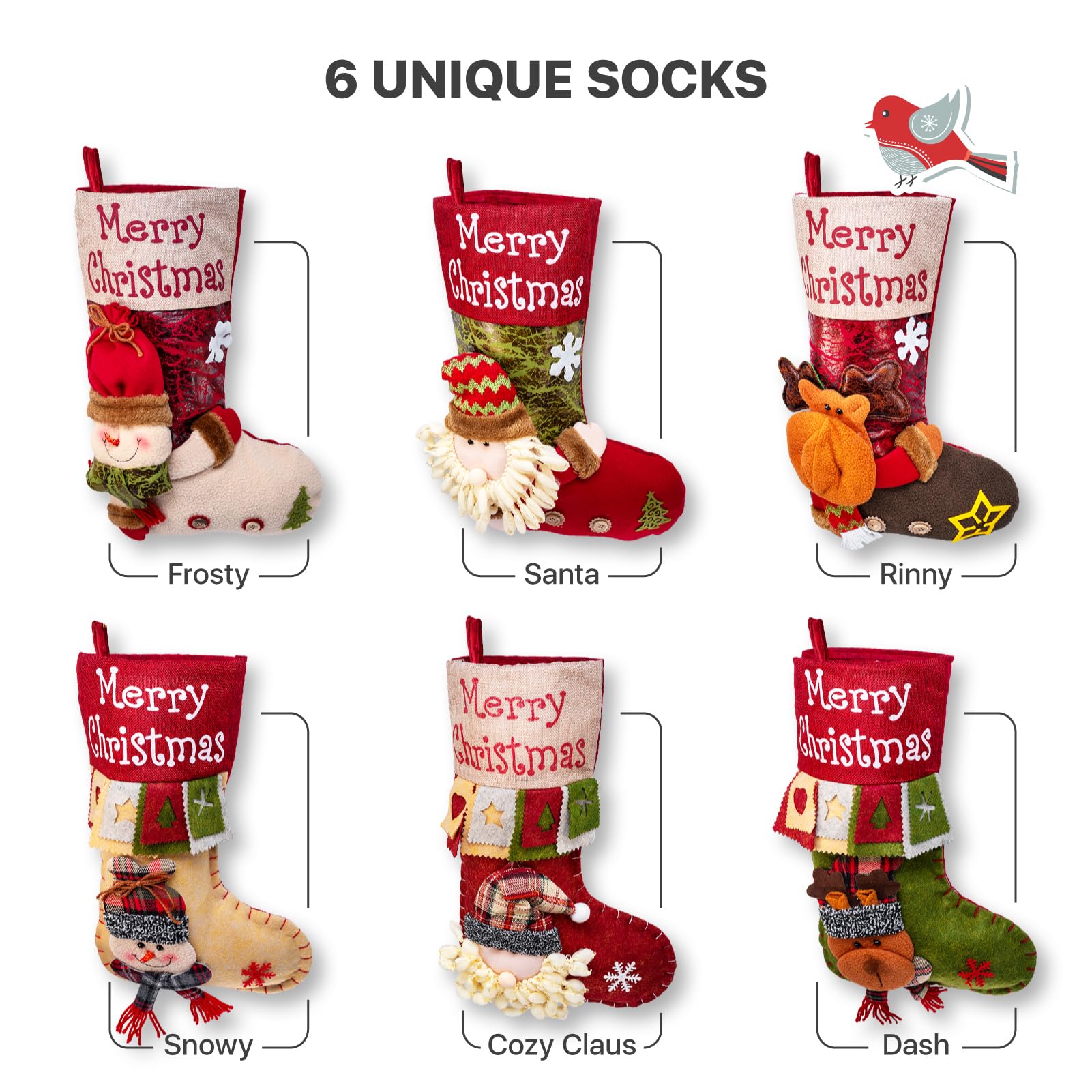 X-Protector Lot de 6 chaussettes de Noël – Chaque chaussette de Noël a un design unique – Bas de Noël de qualité supérieure – Grandes chaussettes de Noël en vrac – Bas familiaux avec personnages –