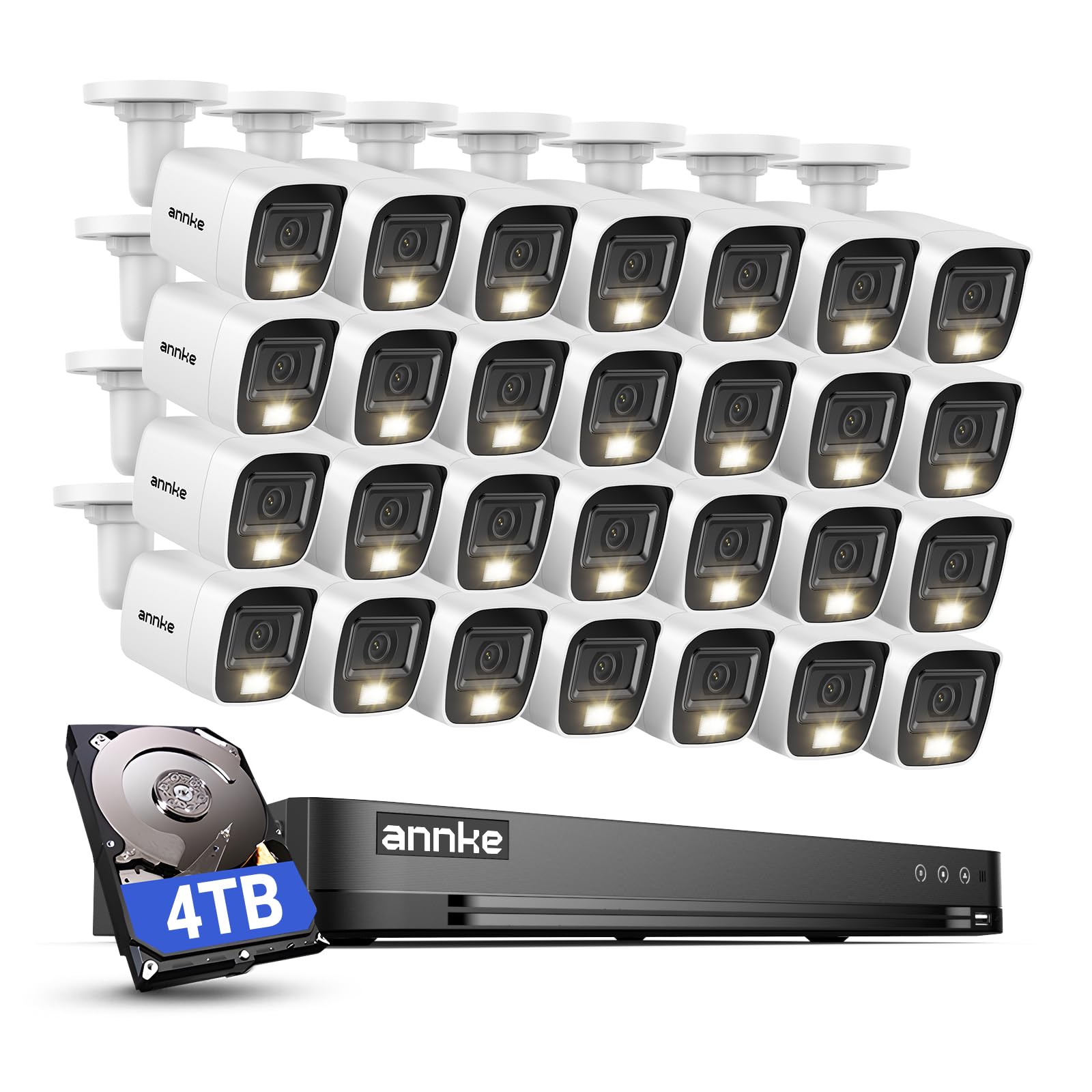 ANNKE 32-kanałowy rejestrator 3K Lite DVR z funkcją rozpoznawania ruchu AI i dyskiem twardym 4 TB, analogowa kamera bezpieczeństwa 28 x 1080p z inteligentnym noktowizorem kolorów, IP67 przewodowa