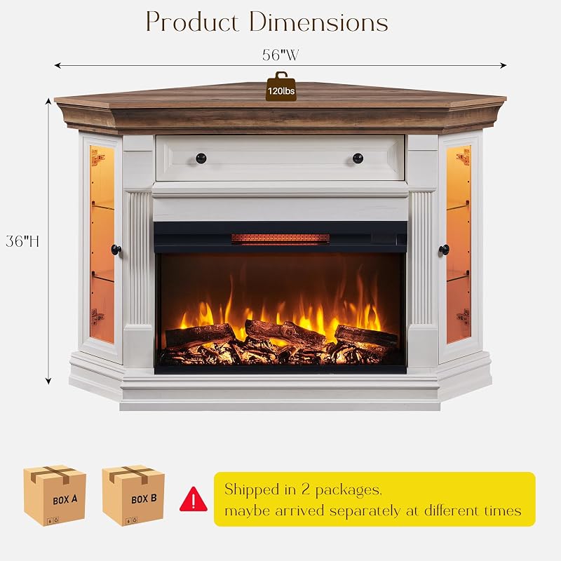RedLemon 56" Corner Fireplace TV Stand for Up to 65 Inch TV - 30" Electric 3-Sided Fireplace, Farmhouse Entertainment Center for Living Room, Hidden Flip-Top Cubby, Shelves & LED, Antique White image 2