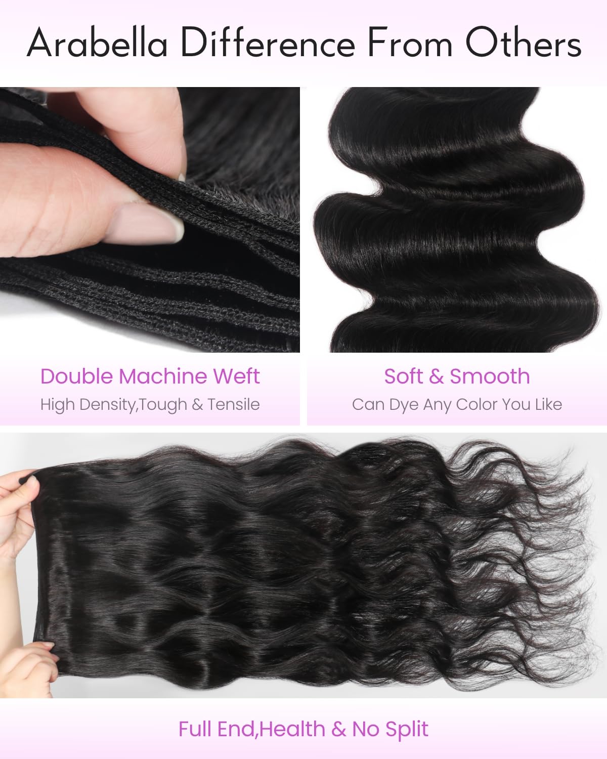 Arabella 3 Body Wave Bundles Human Hair 20 22 24 Inch Natural Black Bundles 100% Unprocessed Brazilian Virgin 10A Weave Sew in Double Weft Human Hair Bundles