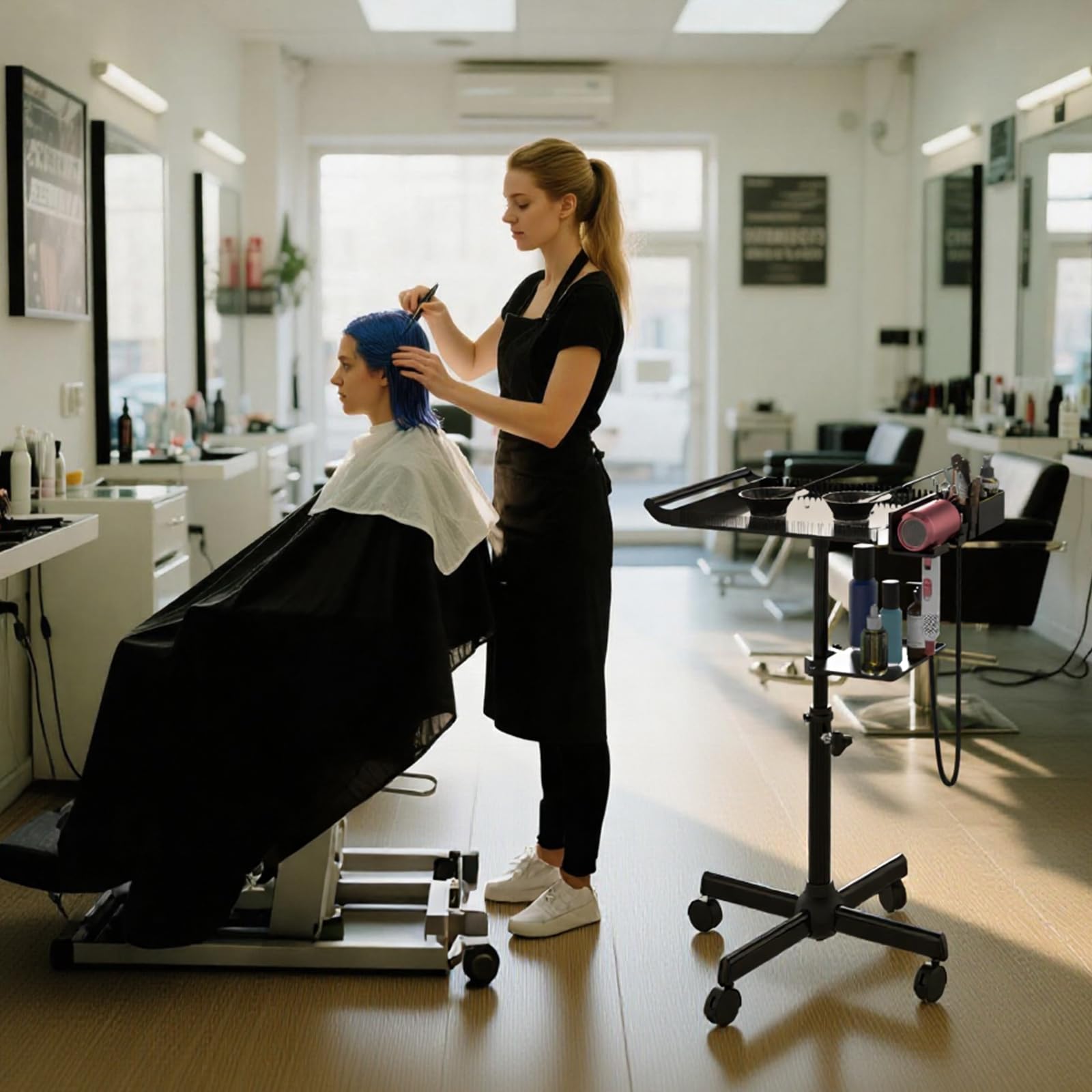 Bandeja de Peluquería con Ruedas, Bandeja de Salón Rodante con Soporte y Soporte Separador de Cabello, Carrito de Salón Bandeja Ajustable con Plataforma de Almacenamiento Cuencos de Tinte y