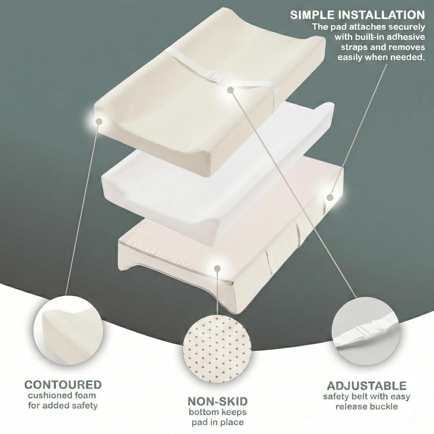 Vegan Leather Contoured Baby Changing Pad | Waterproof & Wipe-Clean PU Leather Diaper Change Mat, Soft, Wipeable Cover, Safety Strap, Non-Slip Bottom, Topper for Standard Infant Diaper Table & Dresser