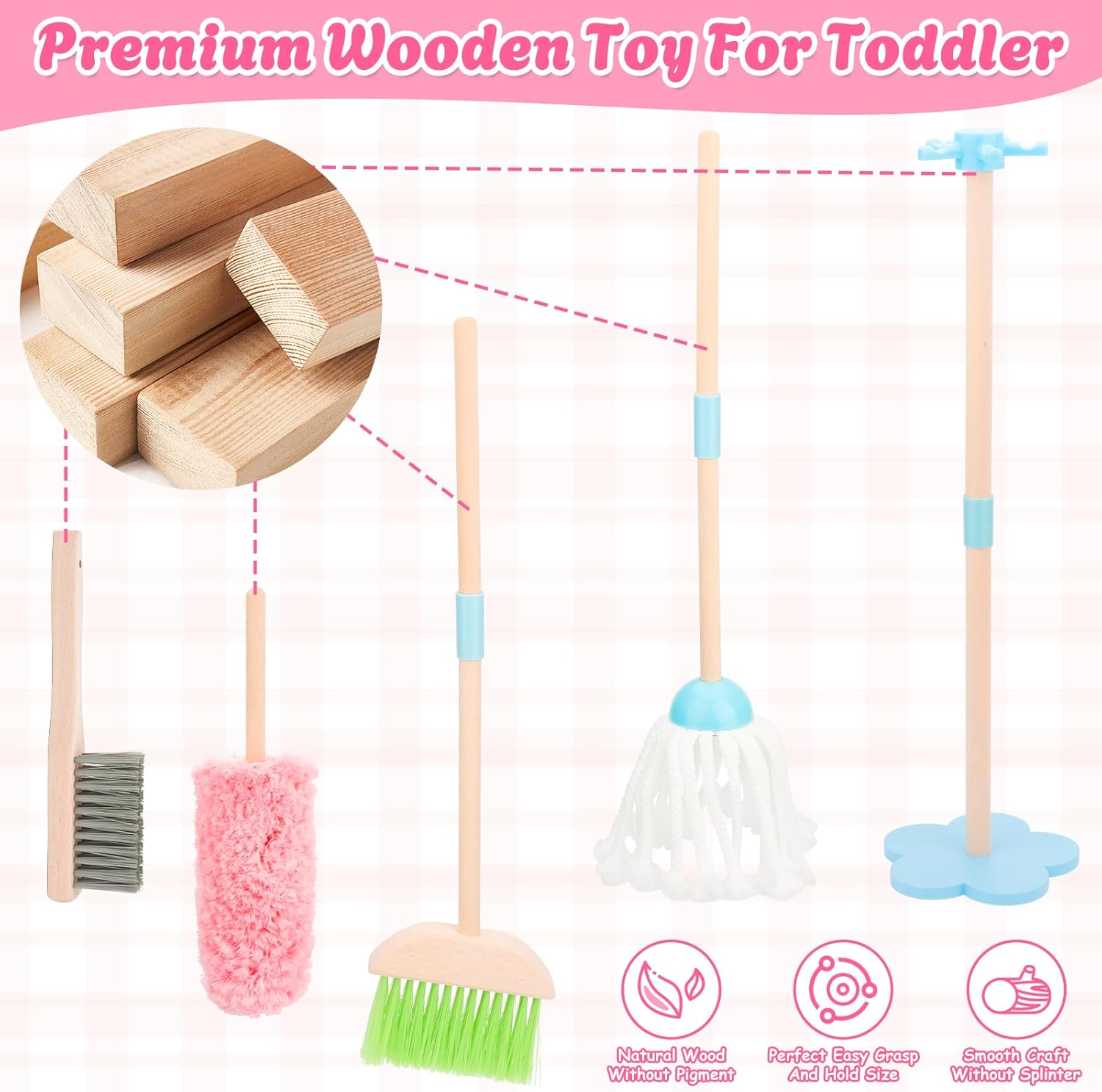 Kids Cleaning Set, Wooden Toddler Broom Set for Housekeeping, 7 Pieces Montessori Cleaning Toys with Kids Broom and Mop Set, Housework Pretend Play Toy Gift for Boys Girls Ages 3+ - Image 5