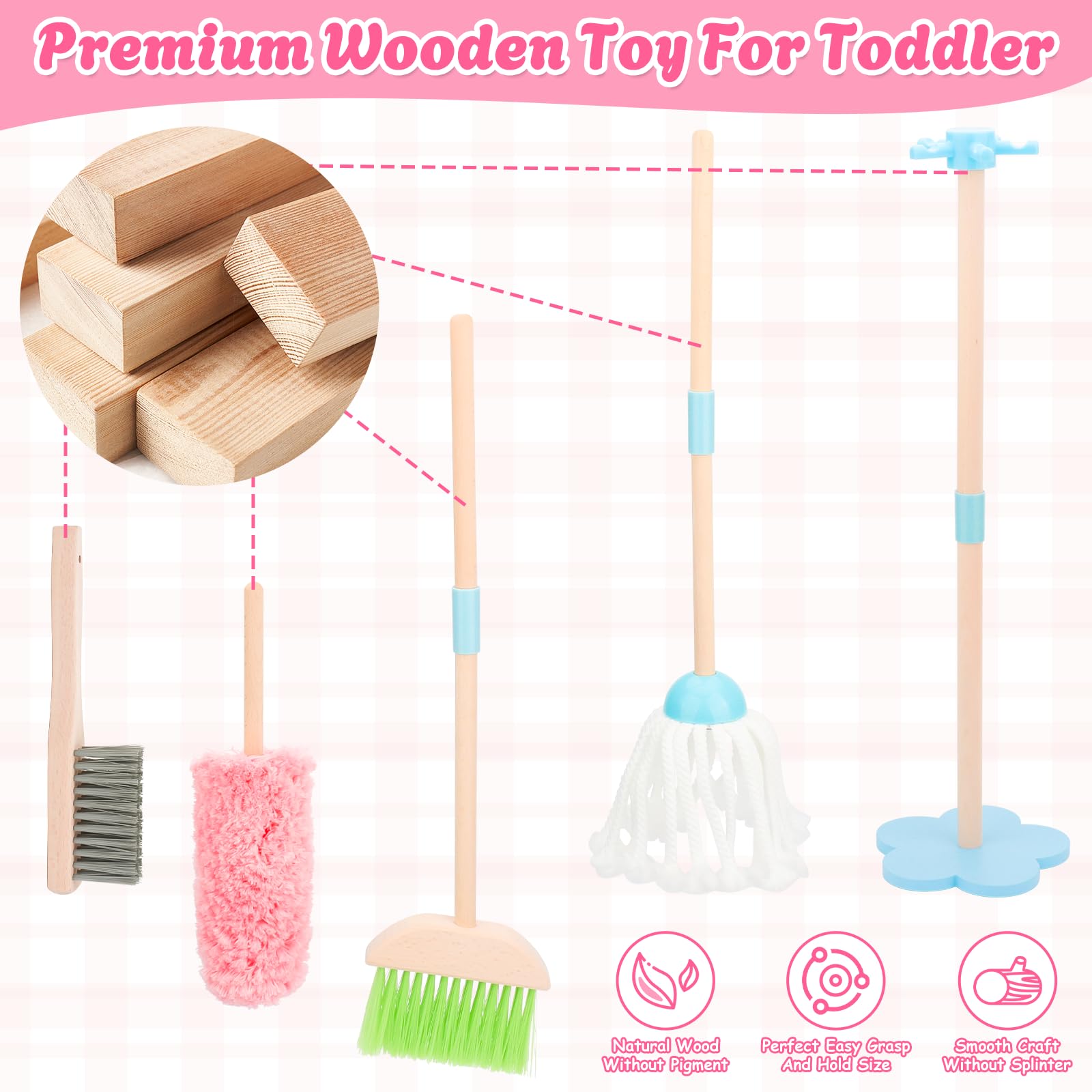 Juego de limpieza para niños, juego de escoba de madera para tareas domésticas, 7 piezas de juguetes de limpieza Montessori con juego de escoba y trapeador para niños, regalo para niños y niñas a 5