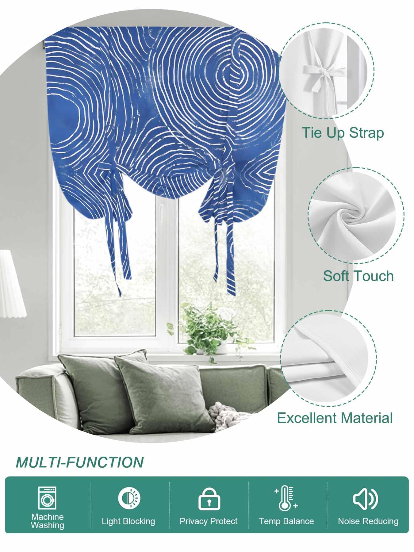 Tie Up Curtains for Windows Blue Geometric Roman Shade 34 x 45 Inch Bathroom Curtains Window Modern Minimalism Abstract Striped Rod Pocket Short Balloon Curtains for Living Room Kitchen Small Blinds