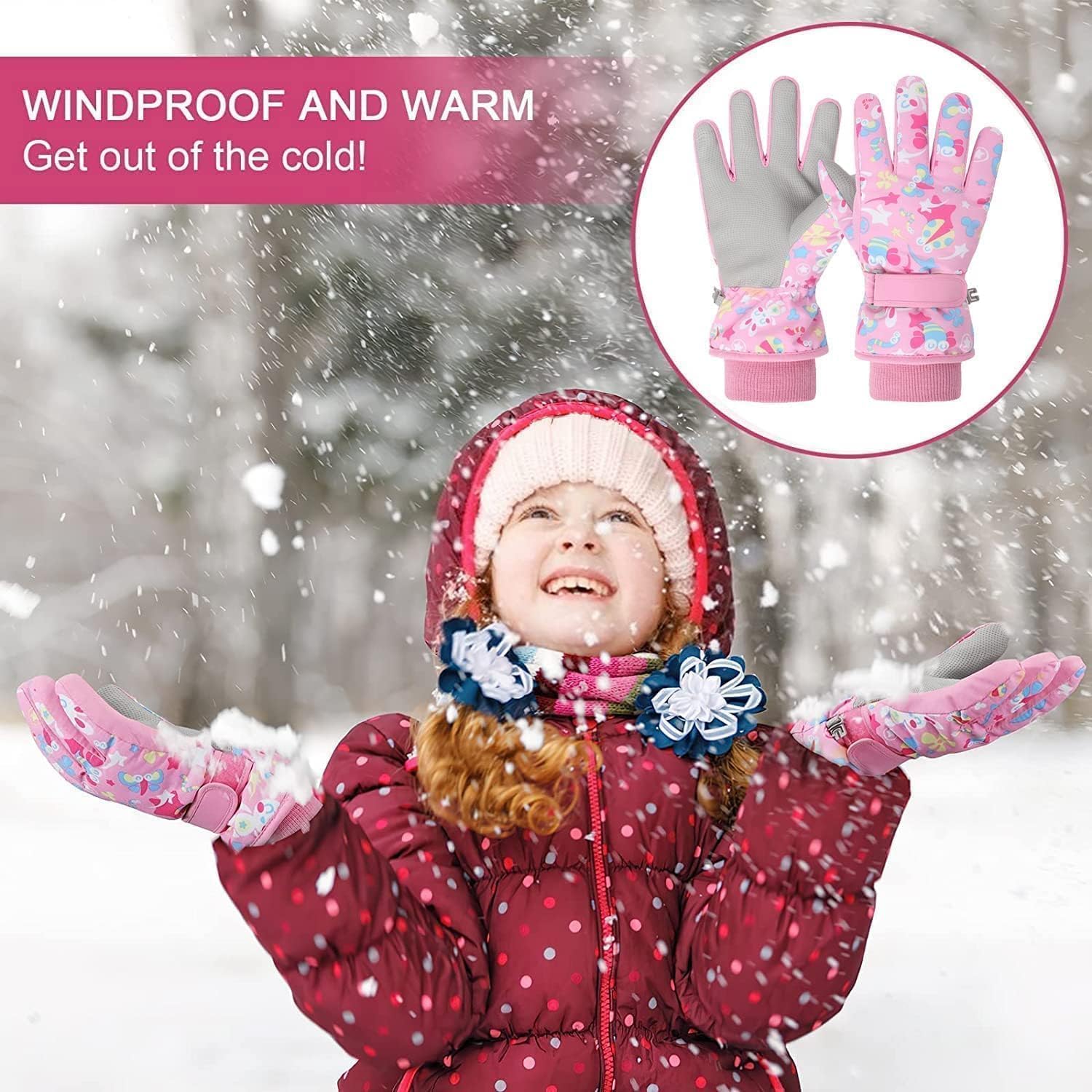 Gants de Ski Enfants moufle Chaud Hiver pour Garçon Fille Coupe-Vent Respirant PU Les Palmiers Neige Ski Snowboard Vélo Équitation Sport 2-13 Ans S