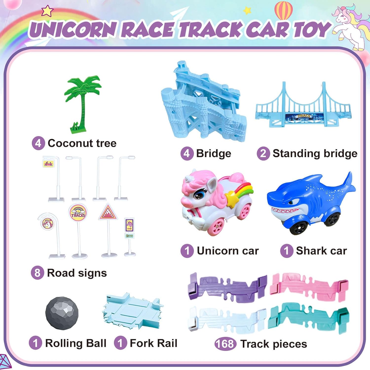 Dolanus Toys for 3-8 Year Old Girls: Unicorn Car Race Magic Tracks for Toddlers, Car Games for Kids Ages 3-5, Gifts for 4 5 6 7 8 Years Old Girls Presents - Flexible RaceTracks with 2 Electric Cars