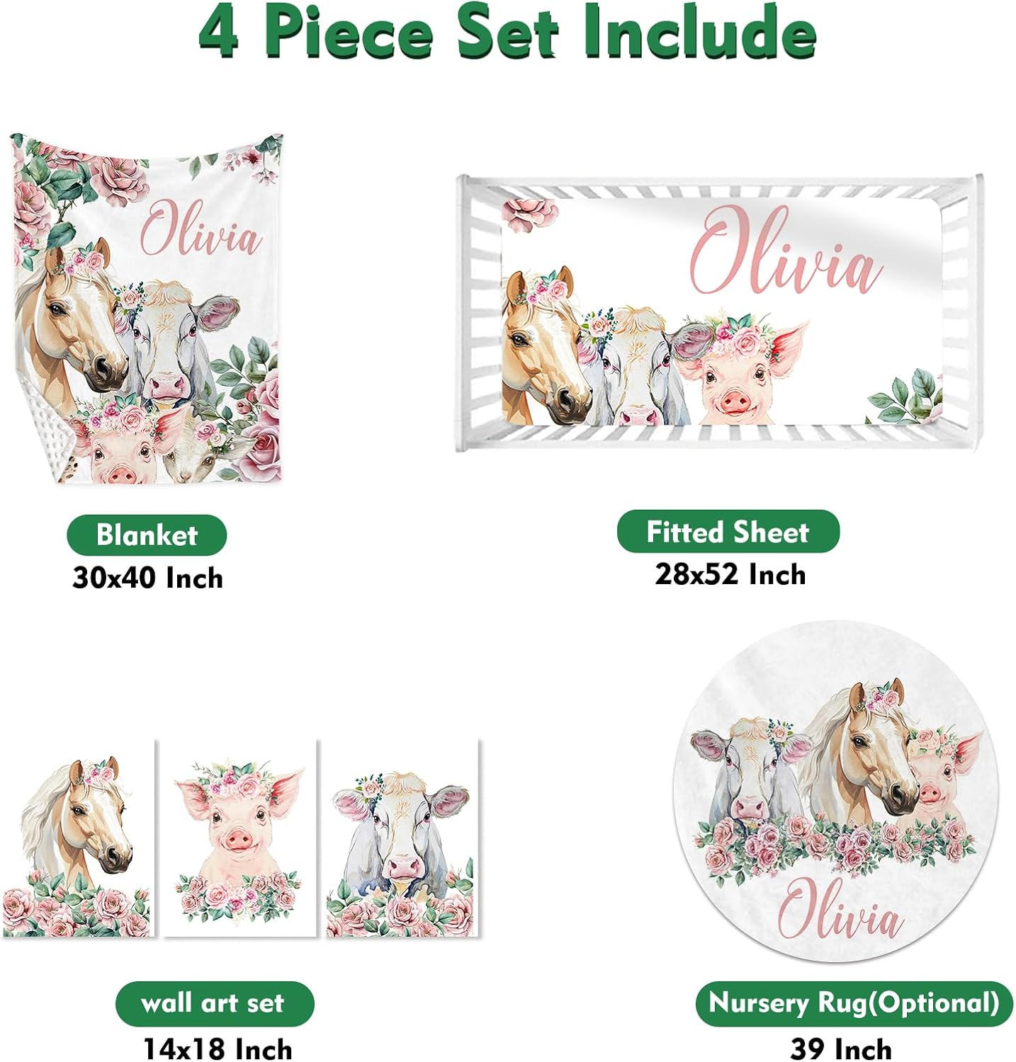 Personalized Baby Crib Bedding Set: 4 Piece Custom Flower Horse Crib Bed Set with Name, Nursery Bedding Set for Baby Girls, Newborn Boys Crib Sets, Crib Bedding Custom Gift, Crib Sheet