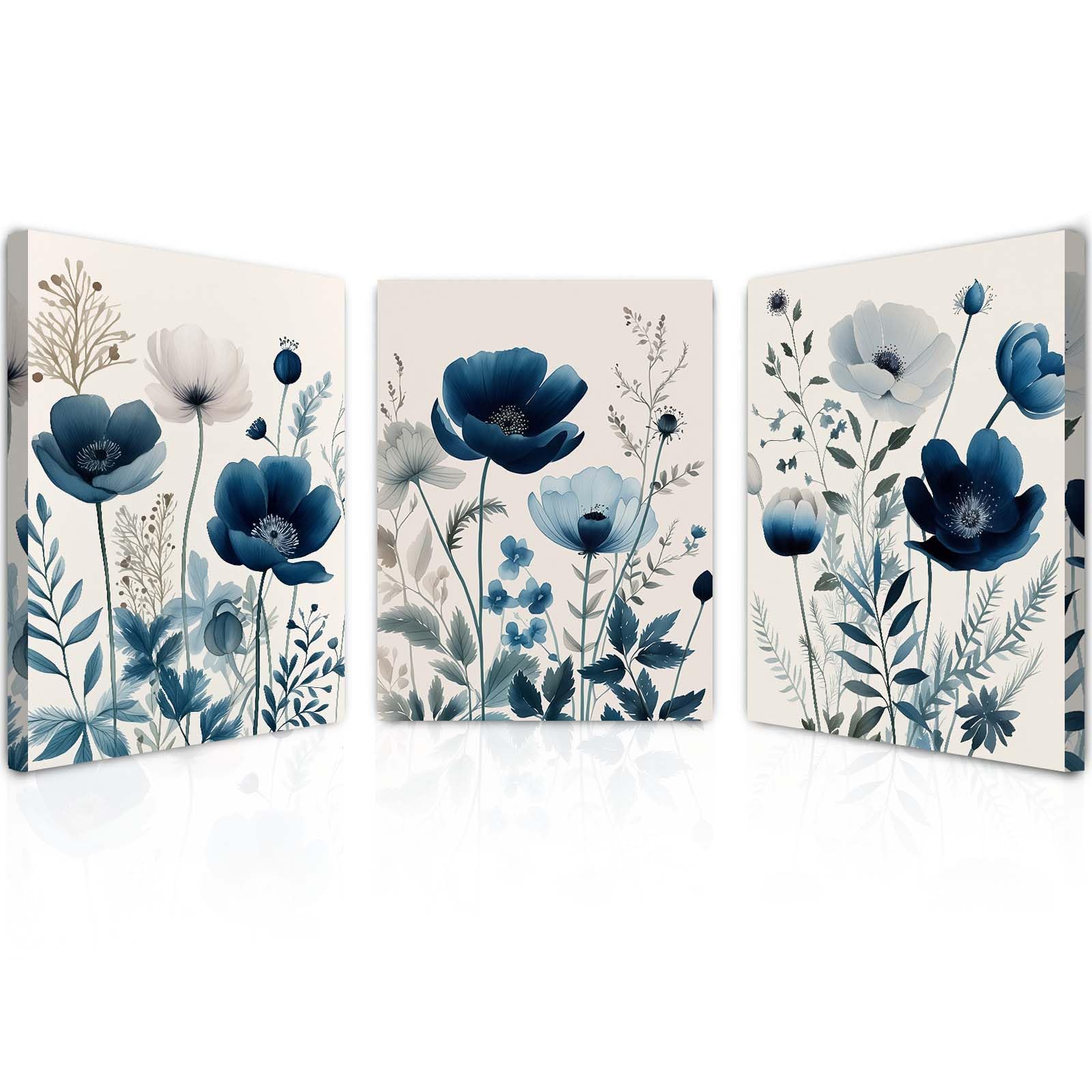 Qiukoo Set of 3 Wall Art – Blue Floral Prints with Pre-Framed Canvas and Hanging Hooks, Modern Wall Pictures for Living Room, Bedroom, Hallway or Office, Home Wall Décor, 16 x 20 inch