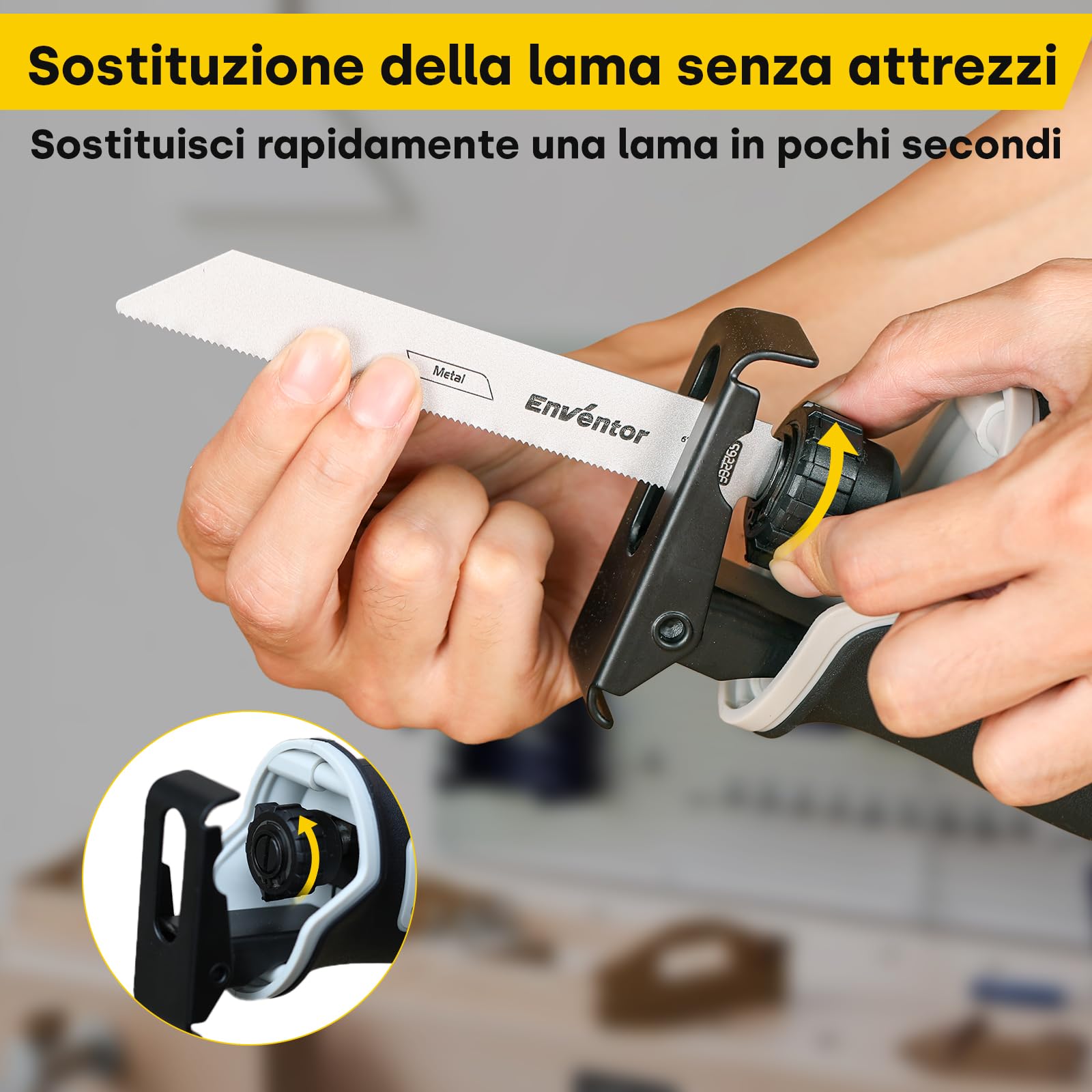 Enventor 20V Gattuccio a Batteria, Sega a Gattuccio con 2x2.0Ah Batterie, 5 Lame, Velocità Variabile 0-3000SPM, Taglio Massimo 115mm, Per il Taglio di Legno e Metallo