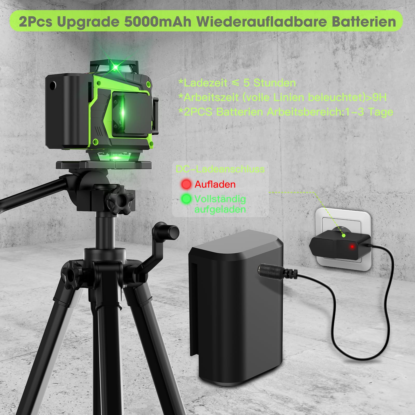 Kreuzlinienlaser Grün 16 Linien Nivellierlaser mit Stativ, 4 x 360 ° Laser Wasserwaage, Linienlaser Kreuzlaser Selbstnivellierend für Innenbereich Baustelle, 2 x Batterie Vermessungskabine
