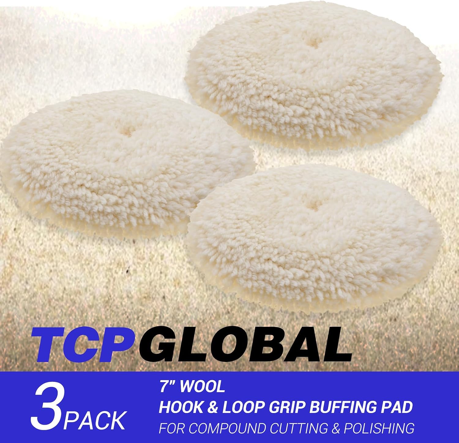 3pcs Wool Buffing Pad Kit 7 Inch Wool Polishing Pads Natural Wools Car Auto Hook and Loop Backing for Compound Cutting & Polishing Car Boats Truck Motorcycle Washing Machine