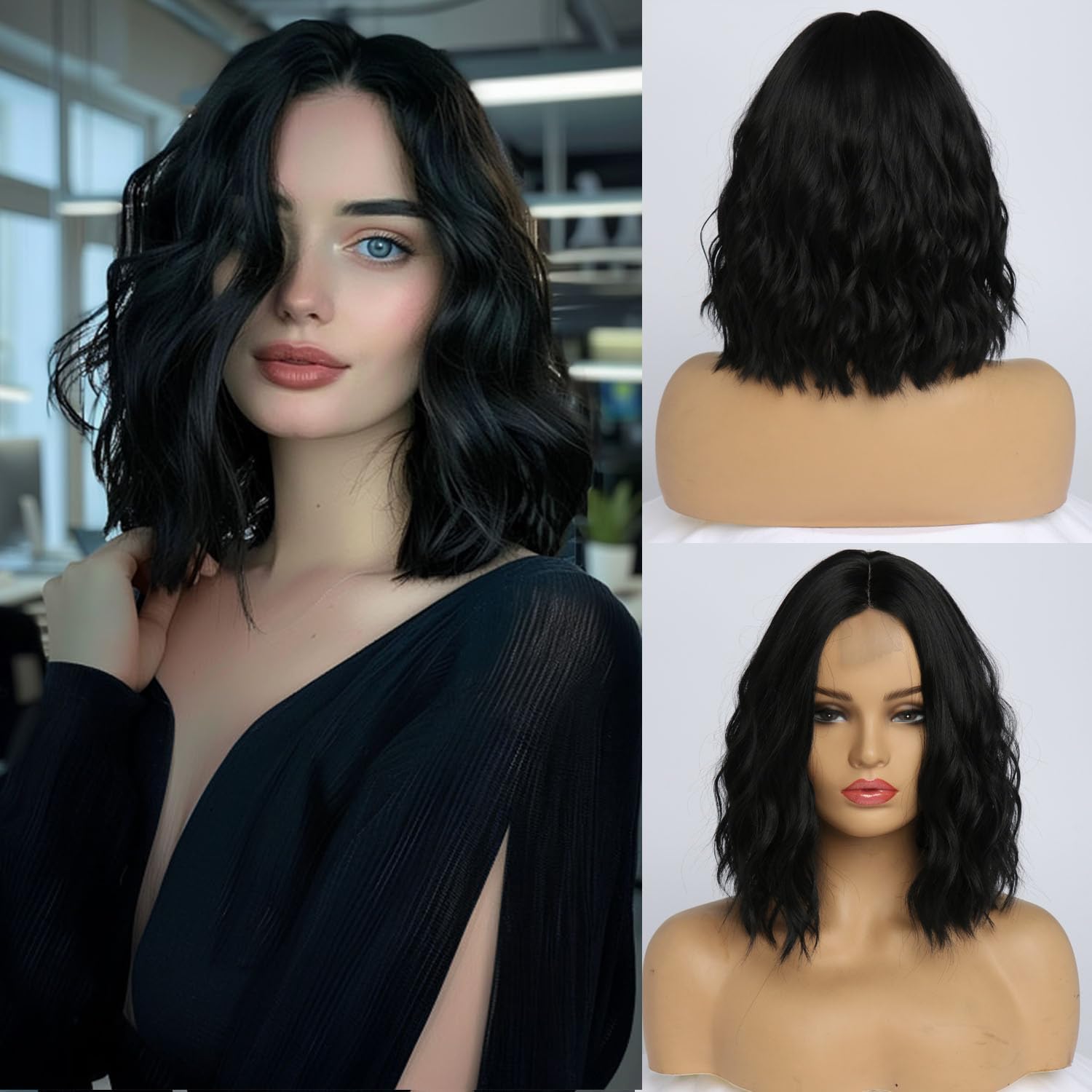 Simkaylee Short Black Wavy Wig for Women Shoulder Length Middle Part Curly Wave Bob Wig Natural Looking Synthetic Heat Resistant Fiber Wigs for Daily Party Use (14 Inch)