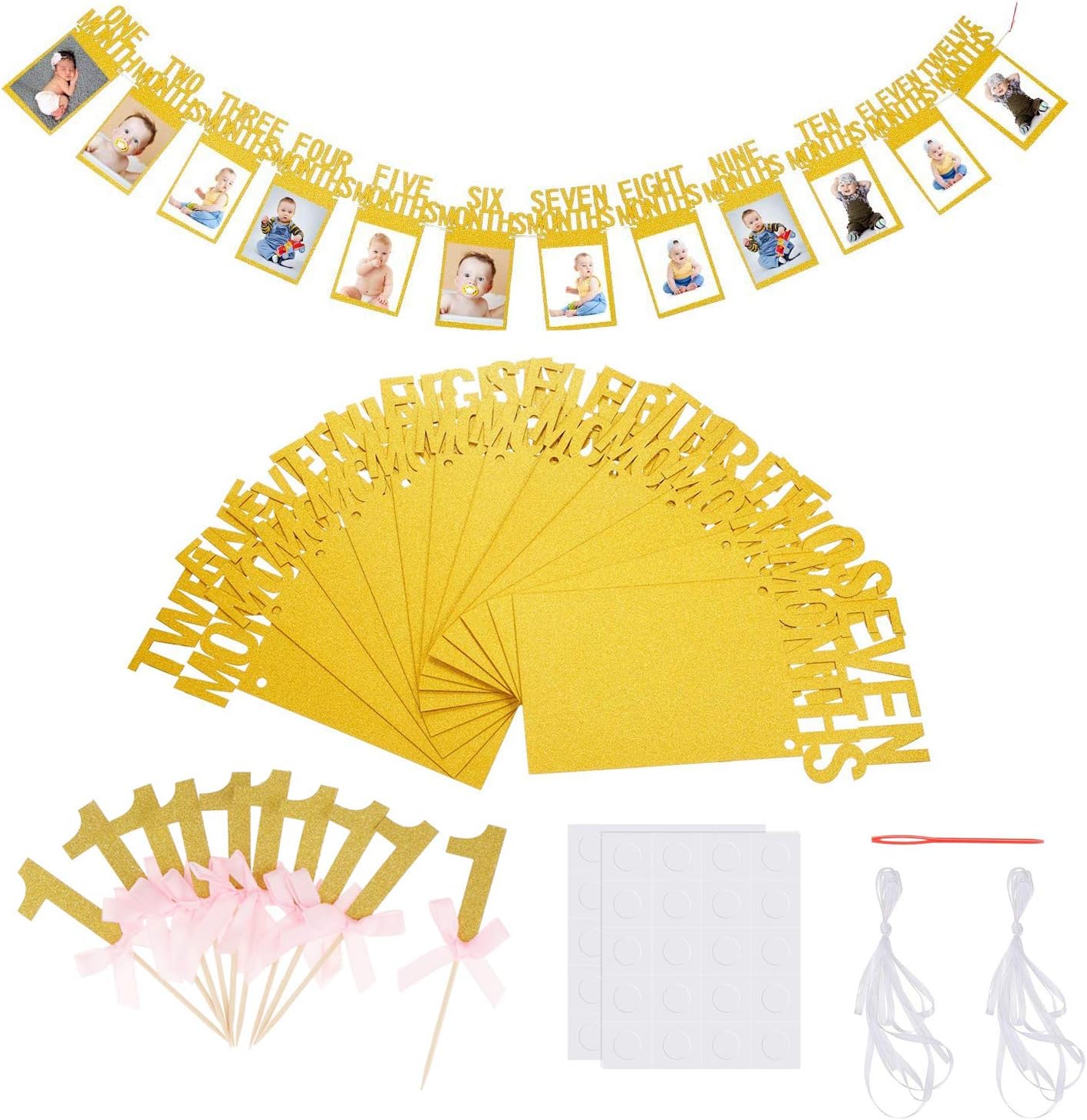 1歳の誕生日 旗 ガーランド 赤ちゃんの写真 バナー 赤ちゃん 1 12ヶ月 グリッター 写真 小道具 ゴールド デコレーション 10個 ケーキ トッパー 飾り パーティー お祝い 蝶結び 新作製品 世界最高品質人気
