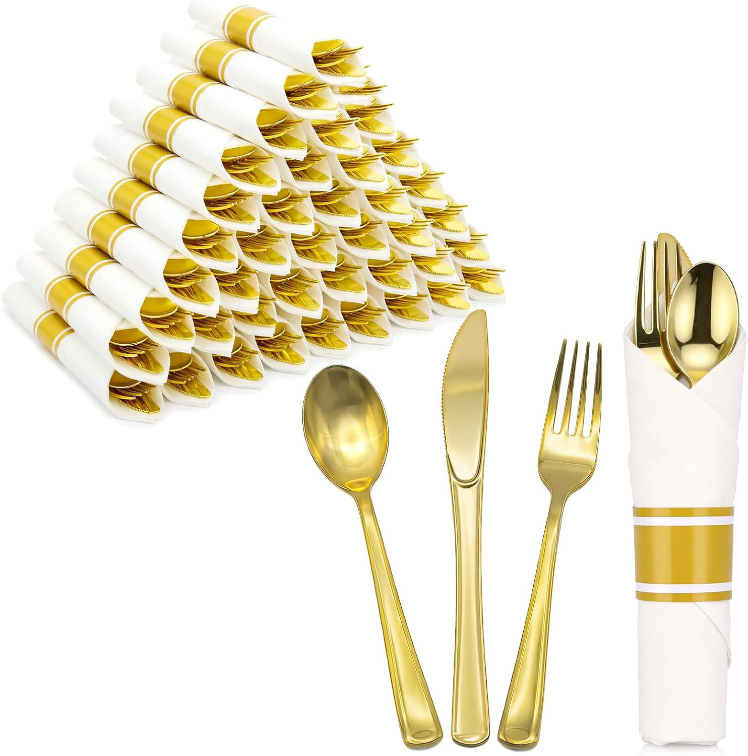 Gold Plastic Silverware 100 Guests Wrapped Cutlery Set | Disposable Pre Rolled Silverware Set Include 100 Forks,100 Knives,100 Spoons and 100 Napkins Heavy Duty Utensils for Party