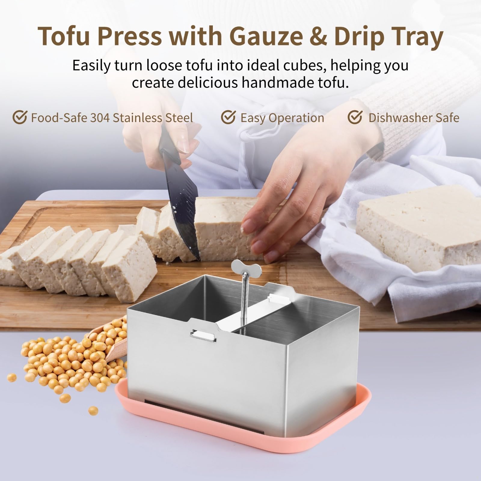 Tofupresse aus Edelstahl mit Gaze und Tropfschale, veganer Tofu-Maker für festen Tofu, einstellbarer Druck, Tofu-Press-Set