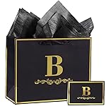 momoake Alphabet Birthday Gift Bag with Card and Tissue Paper for Men Women, 13 Large Black Gold Personalized Bridal Party Gift Paper Bag for Gifts Wrapping - (Letter B)