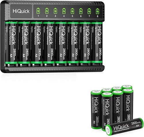 HiQuick Cargador de batería inteligente de 8 bahías con 8 pilas AA + 8 pilas recargables AA