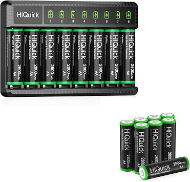 HiQuick 8 Bay Smart Battery Charger with 8 AA Battery + 8 Pack AA Rechargeable Batteries