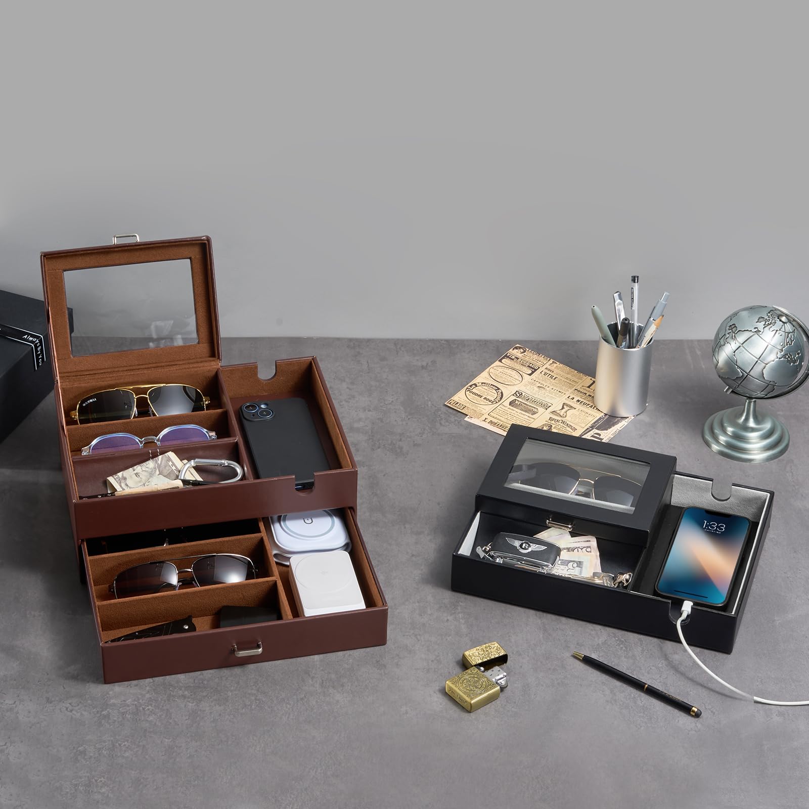 ProCase Opbergblad van PU-leer, bureau-organizer met 6 vakken, kunstleer, bureau-opbergbox, bureau-opbergsysteem voor mobiele telefoon, horloge, sleutels, portemonnee, zwart