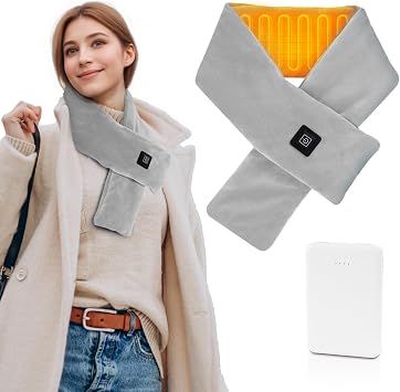 Girasol Heated Neck Wrap Heated Scarf for Neck Pain Relief, Neck Heating Pad with 5000mAh Power Bank, Cordless Thermal Neck Brace Electric Heated Neck Warmer with 3 Heating Levels Light Grey