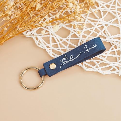 Miniatura 4 de Personalized Birth Flower Key Chain with Name,Custom Leather KeyChain Engraved Handmade Keychain Christmas Wedding Birthday Gifts for Women (Birth
