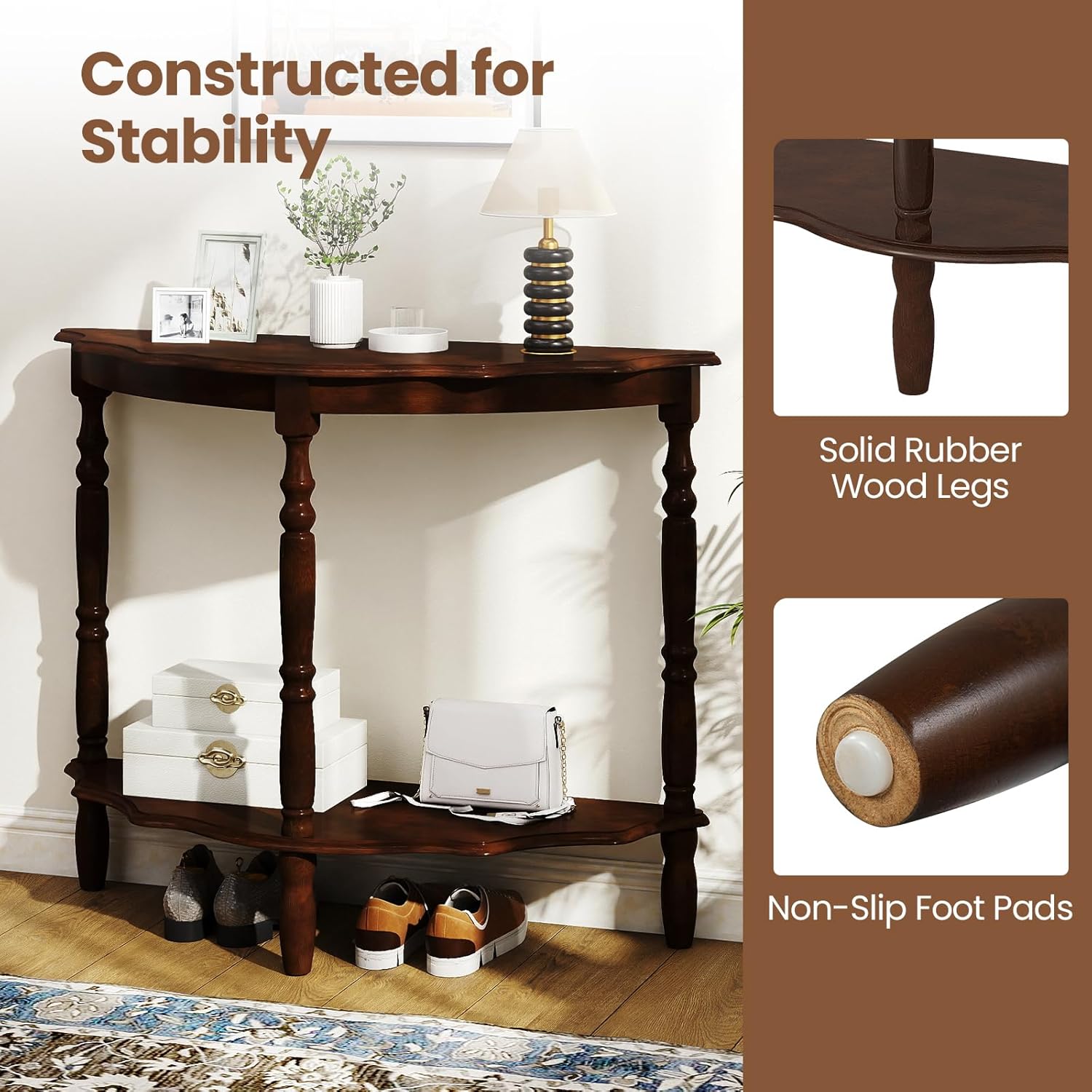 Giantex 42" Half Moon Console Table, 2-Tier Semi-Circle Entryway Table with Storage Shelf & Carved Rubber Wood Legs, Vintage Round Curved Sofa Tables for Living Room, Hallway, Entrance