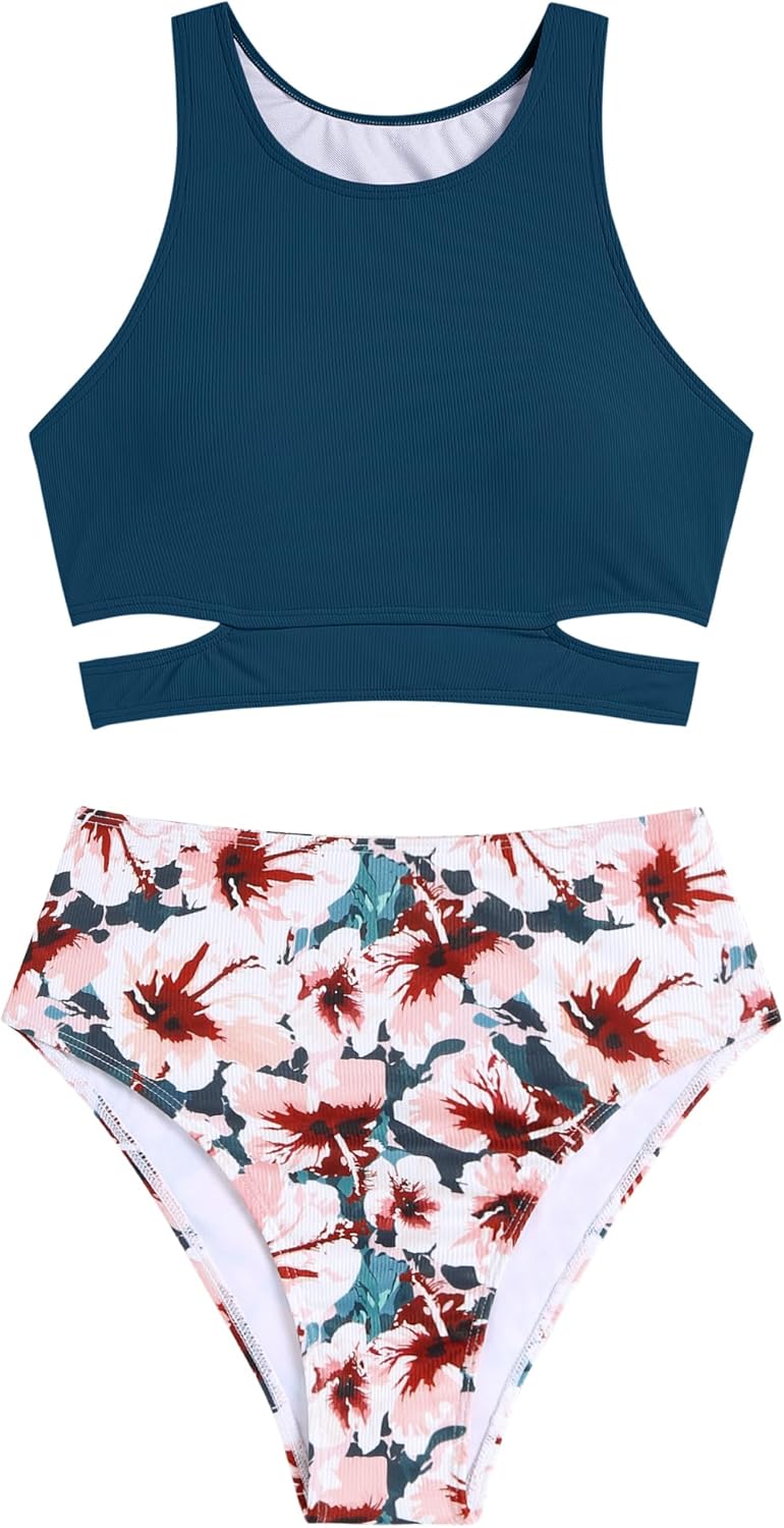 ZAFUL Women's Swimsuit High Waisted Bikini Sets Two Piece Swimsuit Scoop Neck Tank Side Cutout Midkini - Image 2