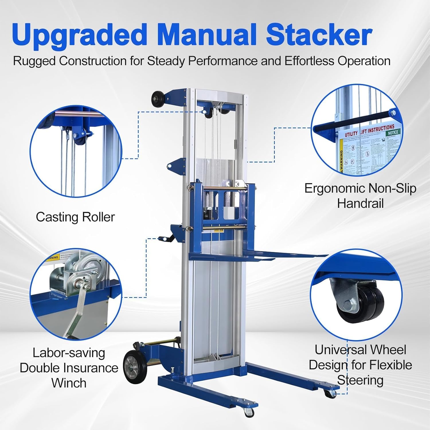 2PCS Material Lift Winch Stacker, 1.97"-122" Height Range, 400 lbs Capacity, Adjustable Straddle Hand Winch Lift Trucks for Warehouse, Factory, 42.90" L x 43.30" W
