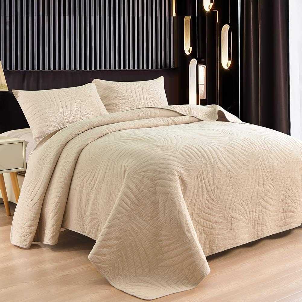 Cotton World Li Quilt Set King Premium 3 Piece Oversized Bedspread Set Reversible Elegant Embroidery Bed Cover Luxury Coverlet Lightweight (Beige-1(King), King)