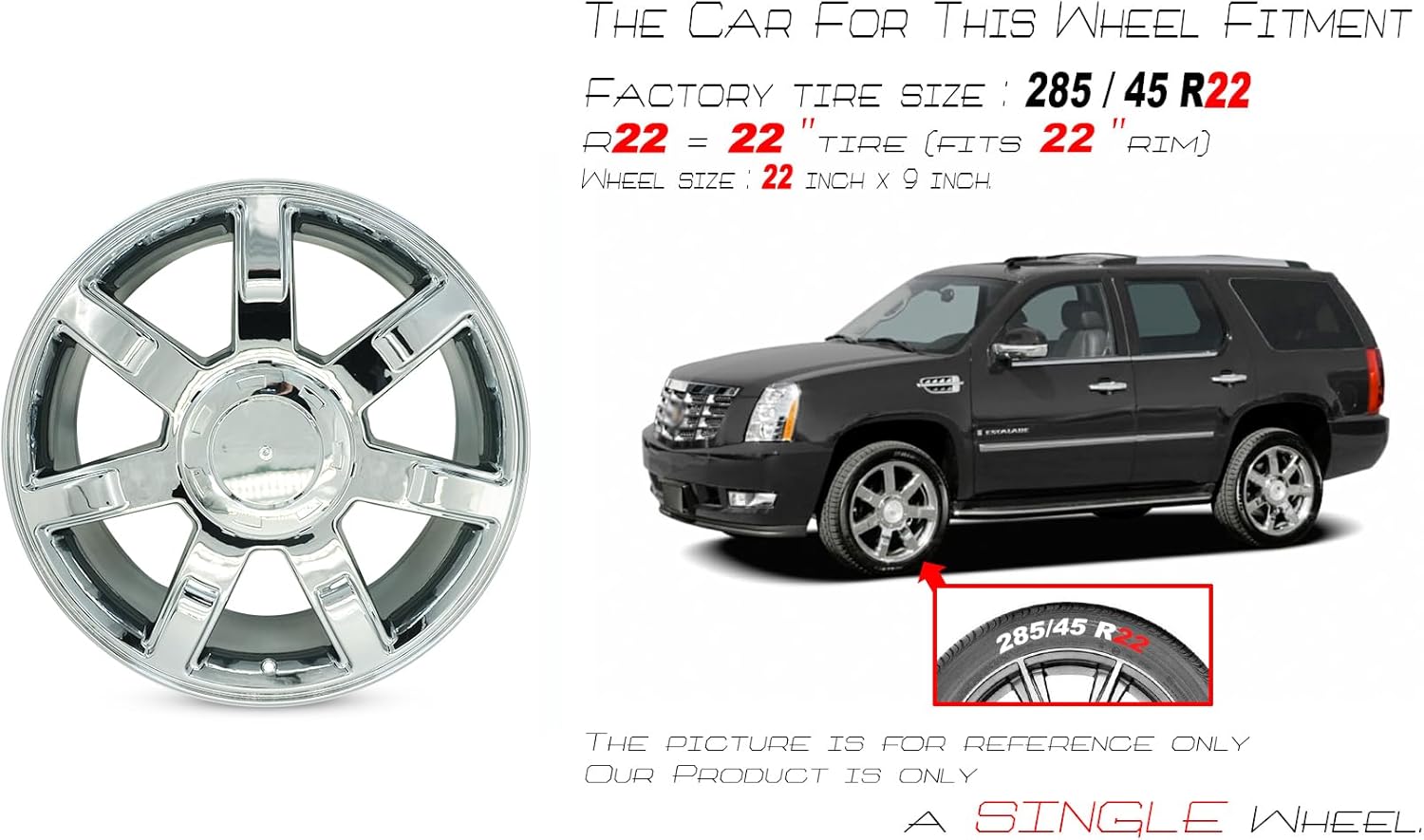 22" 22x9 New Single Chrome Alloy Wheel for 2007-2014 Cadillac Escalade ESV EXT OEM Design Replacement Rim