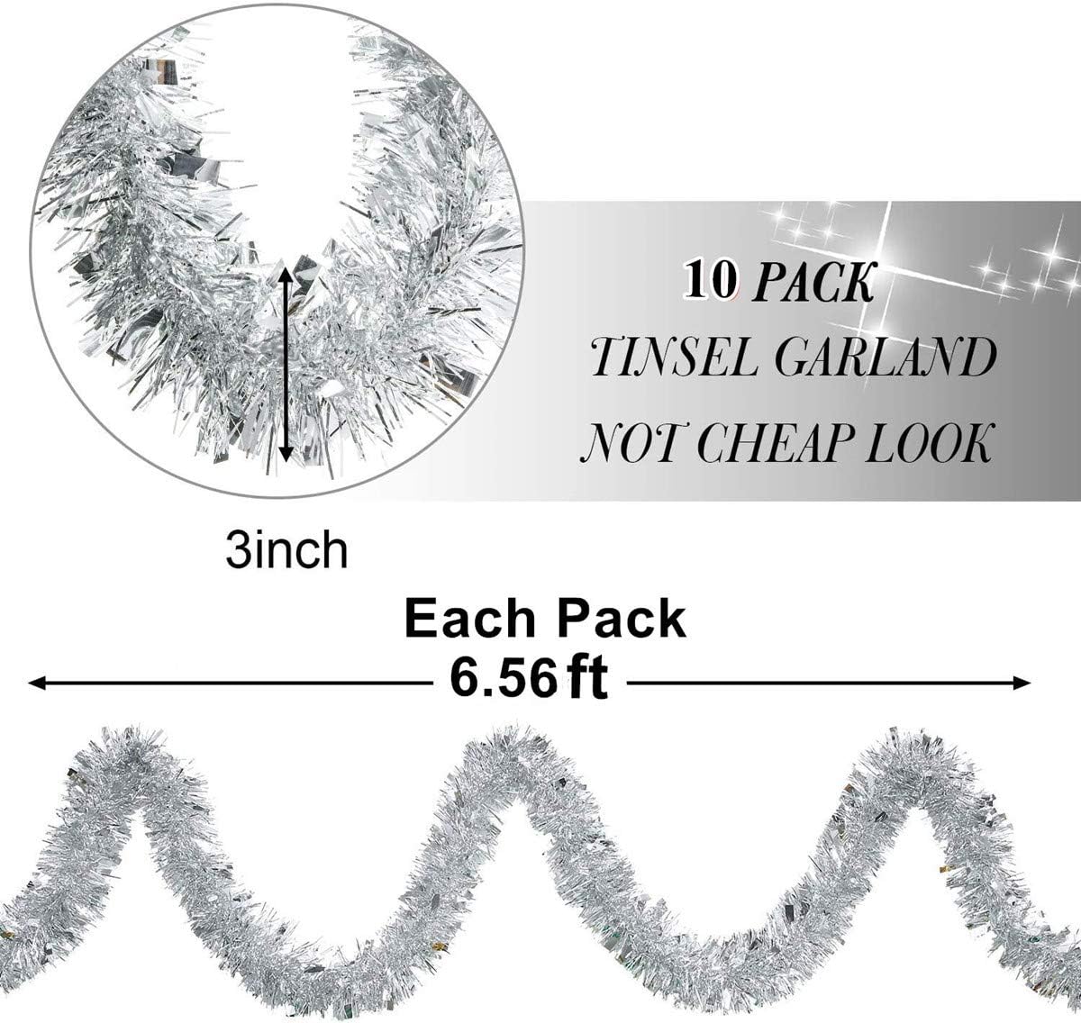 66.5 ft Royal Silver Tinsel Garland,（20 Meter） Commercial Length Thick Foil Classic Christmas Decorations for Christmas Tree Decorations X-mas Home Party Decor, 3 Inch Wide …