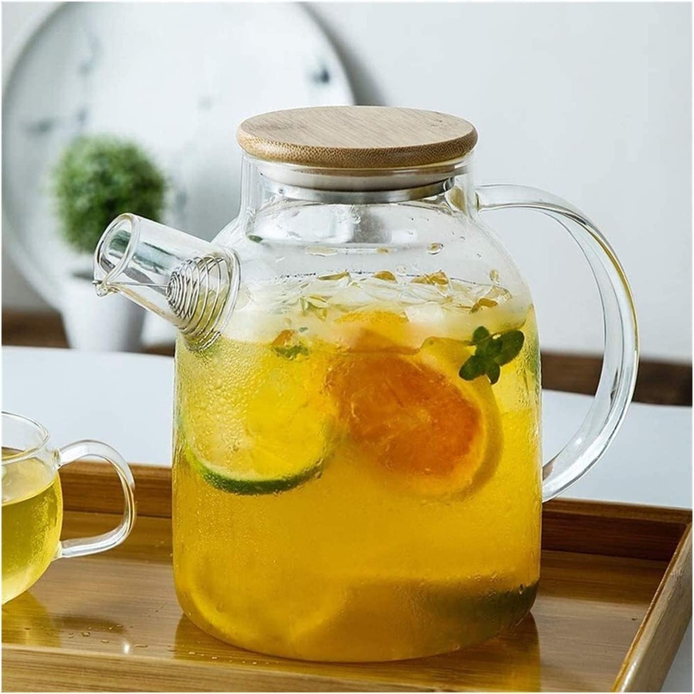 ROSEFINCH Glass 1.8 LTR Water Jug Big Iced Tea Pitcher, 1 Pcs Set Water Jug, Heat Resistant with Wooden lid, Glass Kettle, Beverage Pitcher with Cap, Set of 1, Transparent,