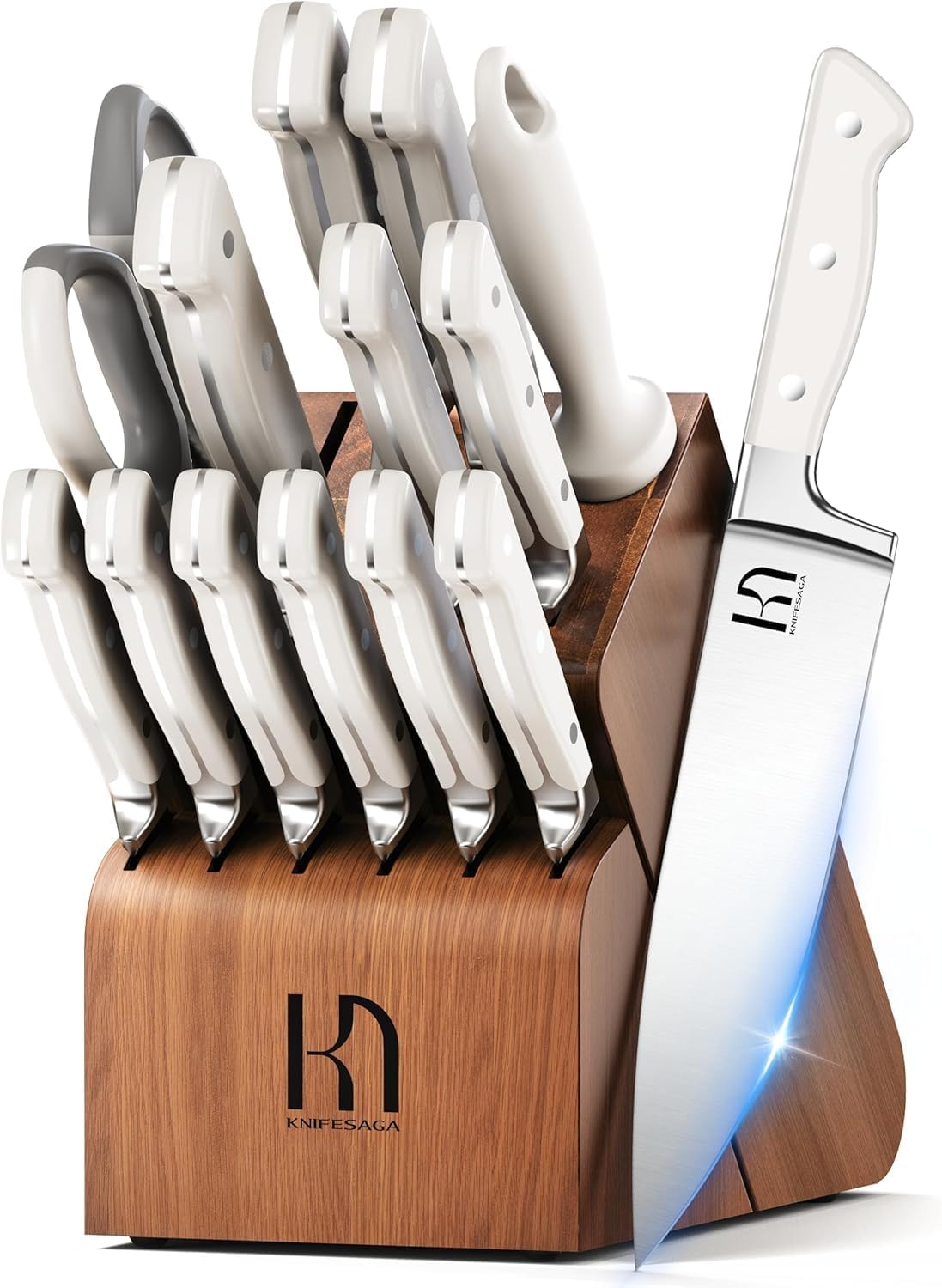 15 Pcs Kitchen Knife Block Set, Enduring Razor-Sharp High Carbon Stainless Steel Chef Knife Set with Block and Sharpener, Premium Knife Set for Kitchen, White Acacia